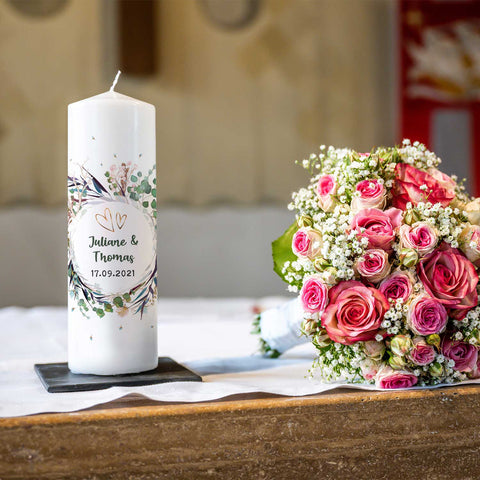 Große Kerze "Flower Wedding" - Hochzeitskerze mit Namen, Datum & Wunschtext