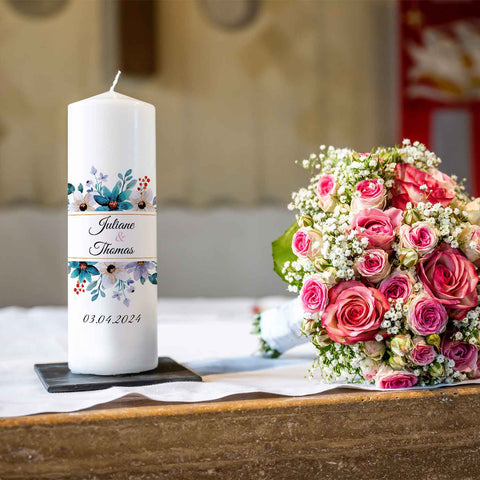 Große Kerze "Blumenrahmen" - Hochzeitskerze bedruckt mit Namen, Datum und Wunschtext