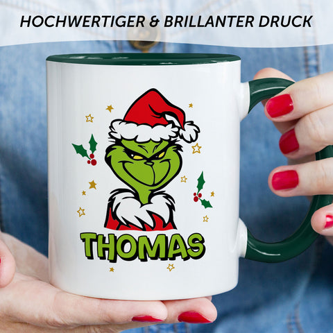 Bedruckte Tasse mit Weihnachtsmotiv - Grinch mit Name