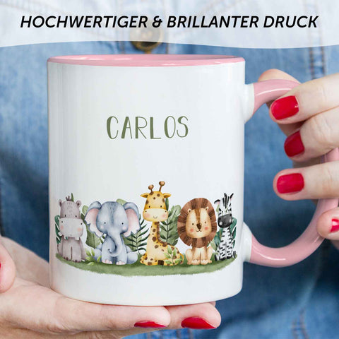 Bedruckte Tasse mit Name - Tiergruppe Safari