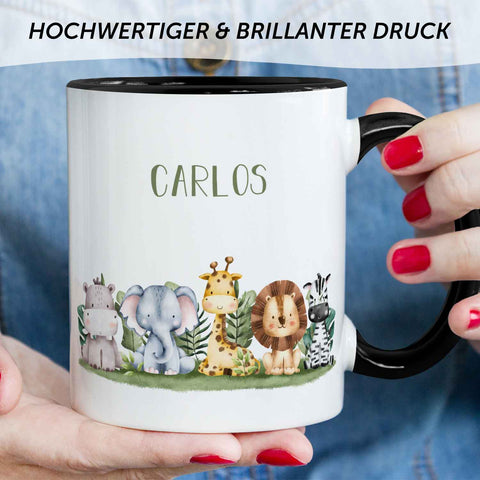 Bedruckte Tasse mit Name - Tiergruppe Safari