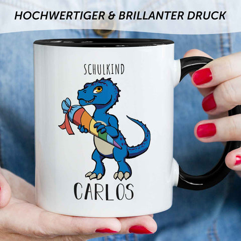 Bedruckte Tasse mit Motiv Einschulung Dino