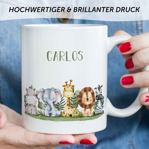 Bedruckte Tasse mit Name - Tiergruppe Safari