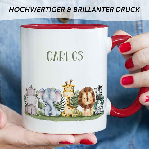 Bedruckte Tasse mit Name - Tiergruppe Safari