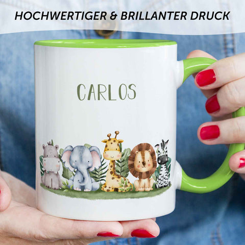 Bedruckte Tasse mit Name - Tiergruppe Safari