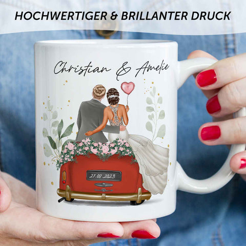 Bedruckte Tasse mit Konfiguration - Hochzeitsauto mit eigenem Brautpaar