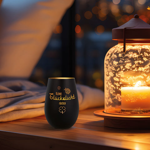 Deko Windlicht aus Glas mit Gravur - Kleines Glückslicht - Personalisiert mit Name