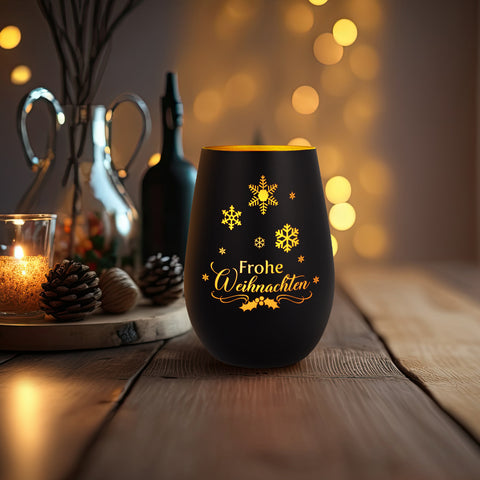 Deko Windlicht aus Glas mit Gravur - Frohe Weihnachten Schneeflocke