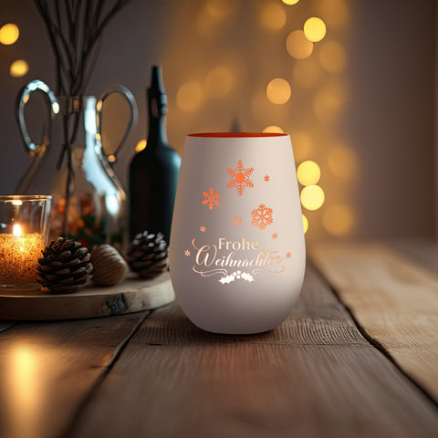 Deko Windlicht aus Glas mit Gravur - Frohe Weihnachten Schneeflocke