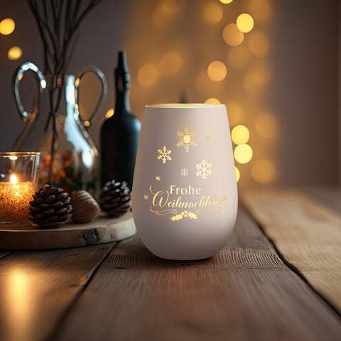 Deko Windlicht aus Glas mit Gravur - Frohe Weihnachten Schneeflocke