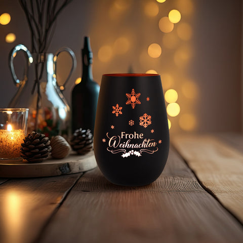 Deko Windlicht aus Glas mit Gravur - Frohe Weihnachten Schneeflocke