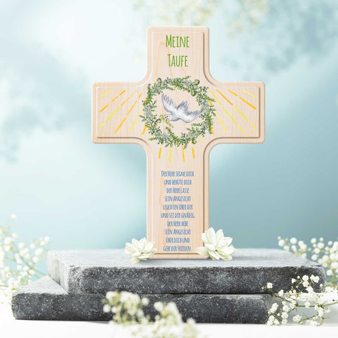 Personalisierbares Holzkreuz zur Taufe Konfirmation und Kommunion - Kranz Design