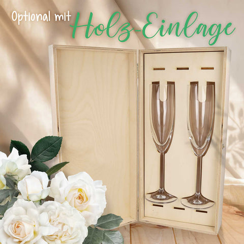 Leonardo Sektgläser mit Gravur als Set - "Flower Wedding" Design inkl. bedruckter Holzkiste