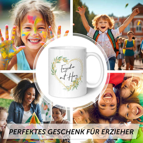 Bedruckte Tasse mit Spruch Erzieher/in mit Herz