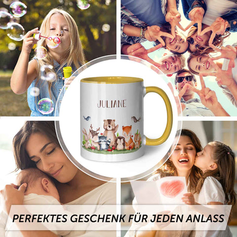 Bedruckte Tasse mit Name - Tiergruppe Wald