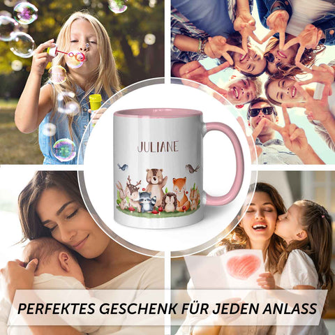 Bedruckte Tasse mit Name - Tiergruppe Wald