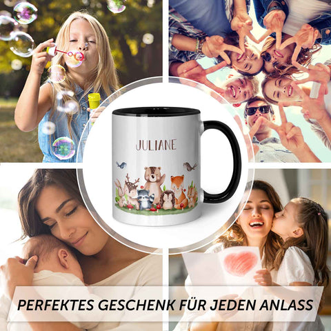 Bedruckte Tasse mit Name - Tiergruppe Wald