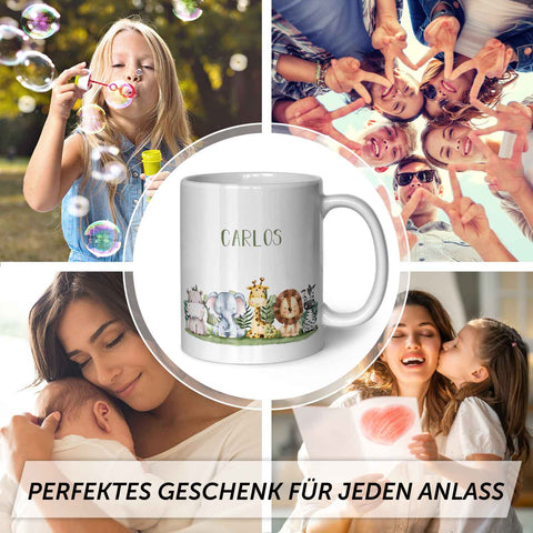 Bedruckte Tasse mit Name - Tiergruppe Safari