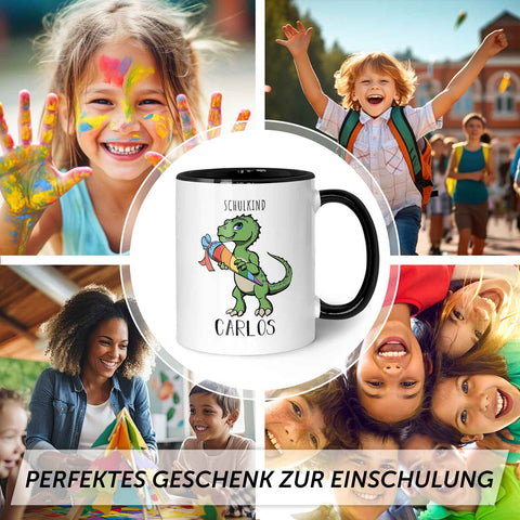 Bedruckte Tasse mit Motiv Einschulung Dino