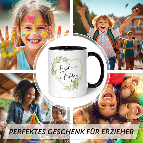 Bedruckte Tasse mit Spruch Erzieher/in mit Herz