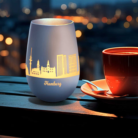 Deko Windlicht aus Glas mit Gravur - Skyline Hamburg