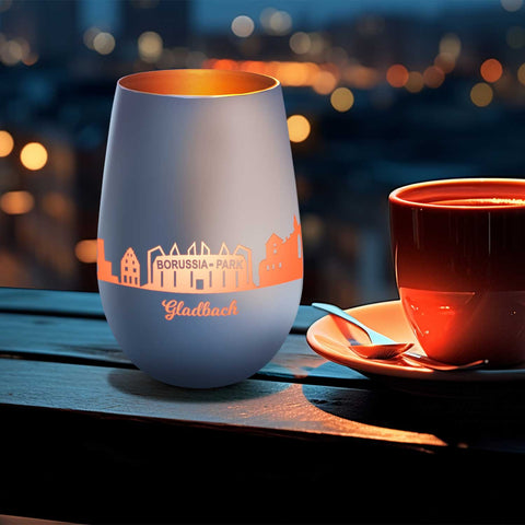 Deko Windlicht aus Glas mit Gravur - Skyline Gladbach