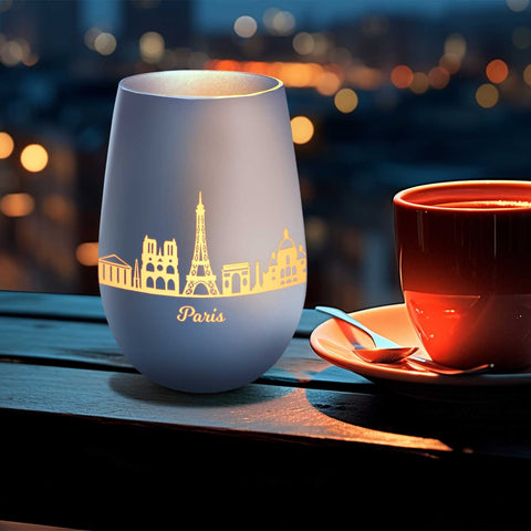 Deko Windlicht aus Glas mit Gravur - Skyline Paris