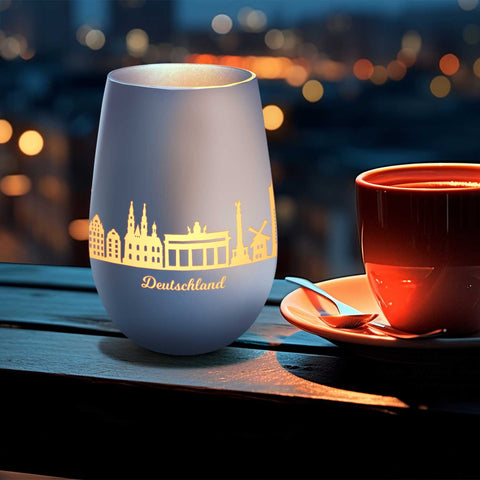 Deko Windlicht aus Glas mit Gravur - Skyline Deutschland