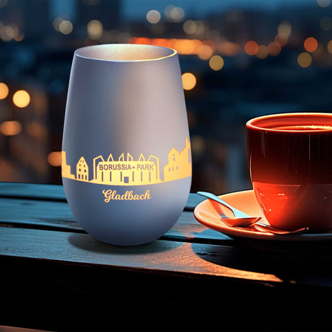 Deko Windlicht aus Glas mit Gravur - Skyline Gladbach