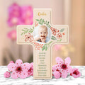 Personalisierbares Holzkreuz zur Taufe Konfirmation oder Kommunion - Mit eigenem Foto - Blumenkranz