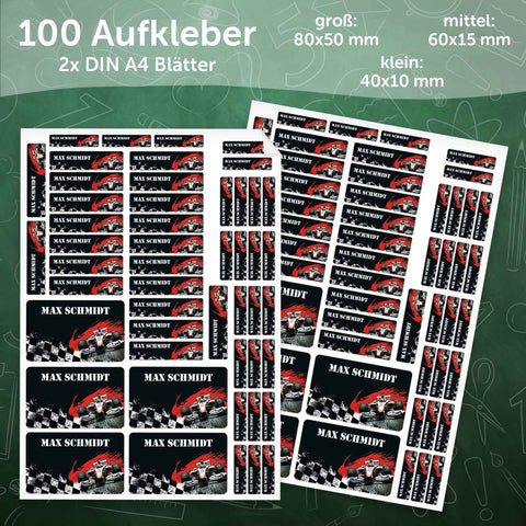 Schuletiketten mit Namen - Rennwagen Design - 100 Aufkleber in verschiedenen Größen