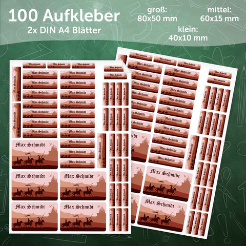 Schuletiketten mit Namen - Ritter Design - 100 Aufkleber in verschiedenen Größen