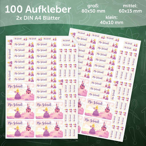 Schuletiketten mit Namen - Prinzessin Design - 100 Aufkleber in verschiedenen Größen