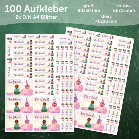 Schuletiketten mit Namen - Prinzessin Design - 100 Aufkleber in verschiedenen Größen