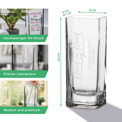 Blumenvase mit Gravur - Hand in Hand - Personalisiert mit Namen und Datum - Deko Vase als Geschenk