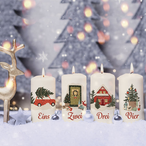 Kleine Kerzen Advent Weihnachtsmotive - Adventskerzen im 4er Set