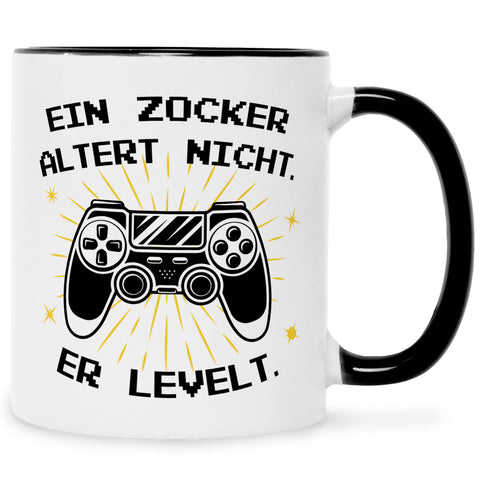 Bedruckte Tasse mit Spruch - Ein Zocker altert nicht er levelt