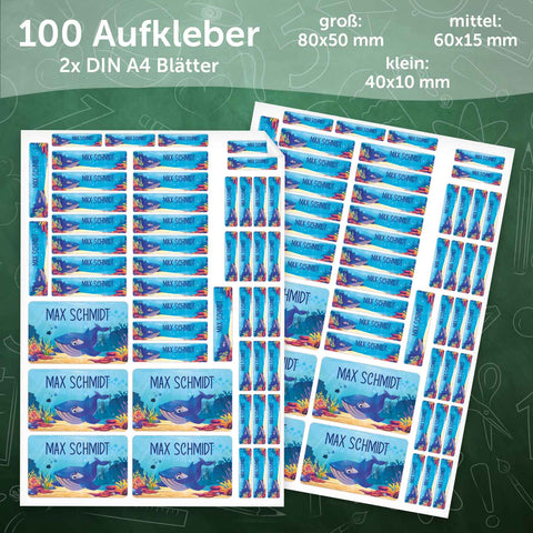 Schuletiketten mit Namen - Unterwasser Design - 100 Aufkleber in verschiedenen Größen