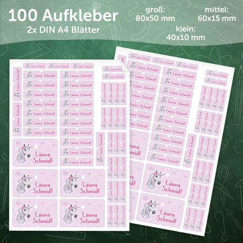 Schuletiketten mit Namen - Einhorn Design - 100 Aufkleber in verschiedenen Größen