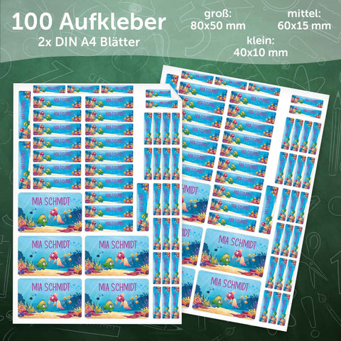 Schuletiketten mit Namen - Unterwasser Design - 100 Aufkleber in verschiedenen Größen