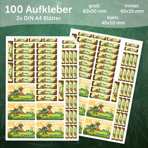 Schuletiketten mit Namen - Dinosaurier Design - 100 Aufkleber in verschiedenen Größen