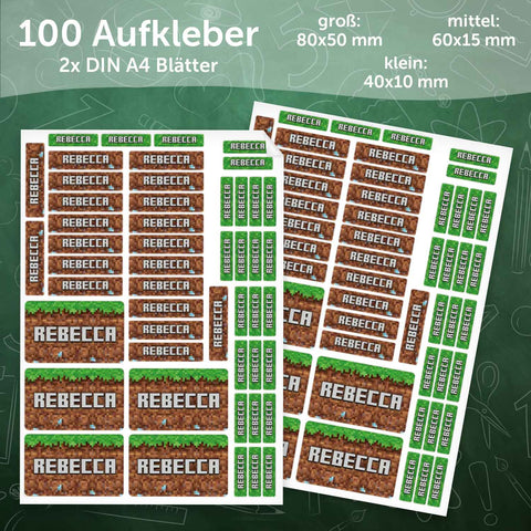 Schuletiketten mit Namen - Pixel Erde Design - 100 Aufkleber in verschiedenen Größen