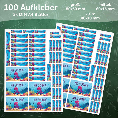 Schuletiketten mit Namen - Unterwasser Design - 100 Aufkleber in verschiedenen Größen