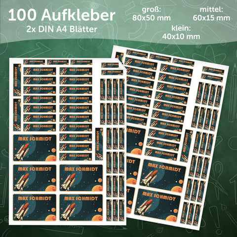 Schuletiketten mit Namen - Raumschiff Retro Design - 100 Aufkleber in verschiedenen Größen