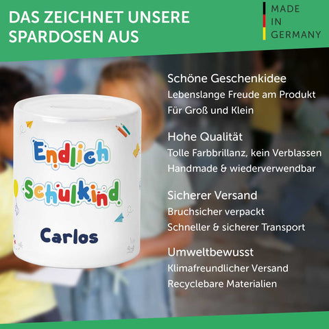 Bedruckte Spardose für Kinder - Endlich Schulkind Design - mit Namen personalisiert