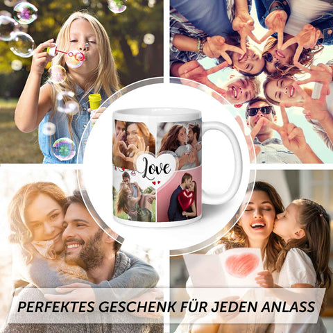 Bedruckte Tasse mit dem Spruch Love und acht eigenen Fotos