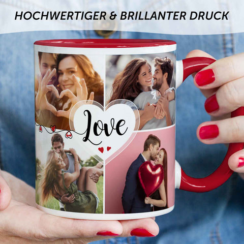 Bedruckte Tasse mit dem Spruch Love und acht eigenen Fotos