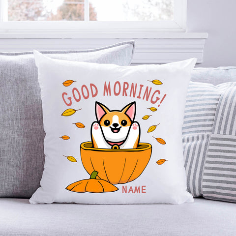 Bedrucktes Kissen mit Spruch Good morning Dog pumpkin