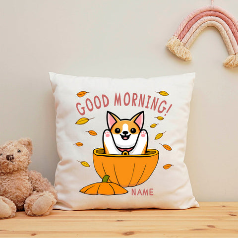 Bedrucktes Kissen mit Spruch Good morning Dog pumpkin