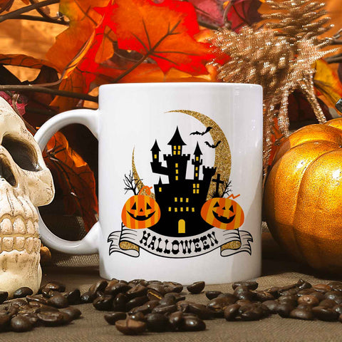 Bedruckte Tasse mit Motiv im Halloween Schloss Design